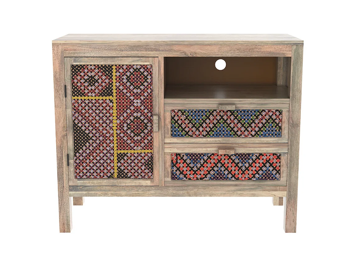 Buffet 1 porte 2 tiroirs en manguier et cannage coloré  - Massaï