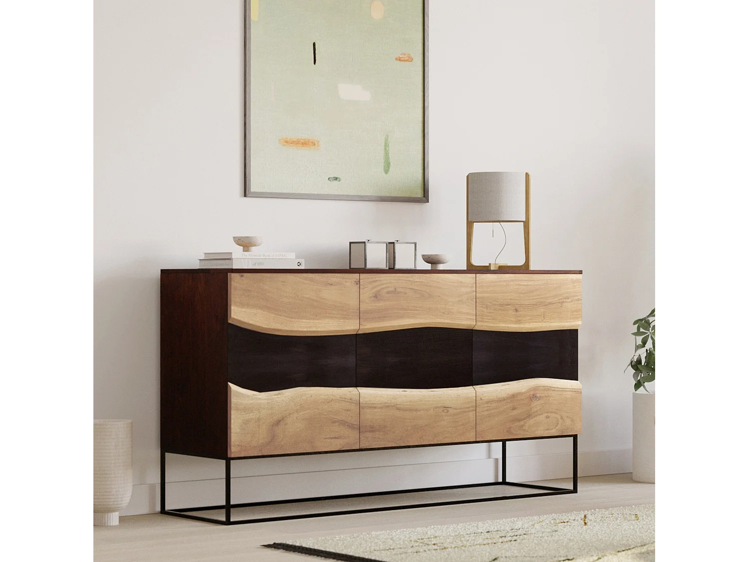 Buffet a 3 porte in legno di acacia e metallo nero - Alabama