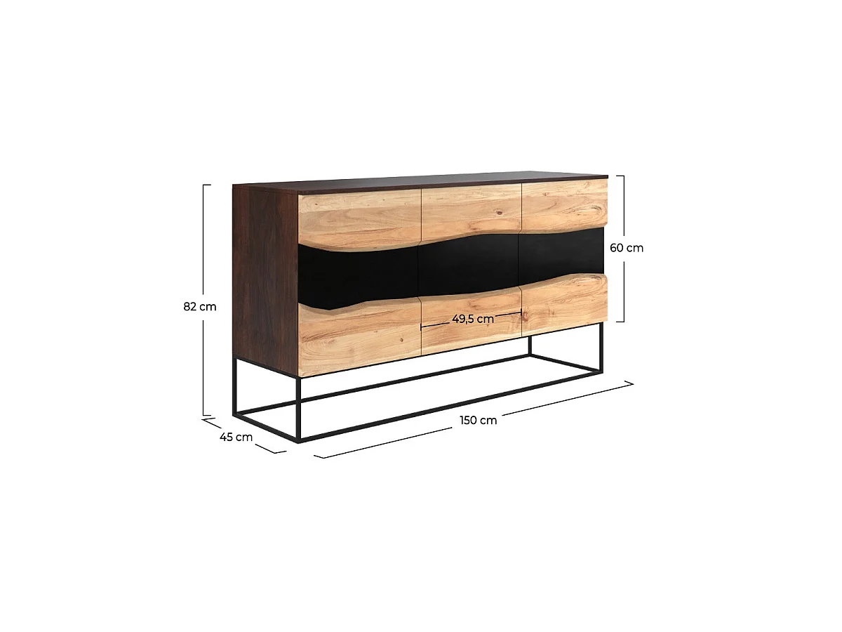Buffet a 3 porte in legno di acacia e metallo nero - Alabama
