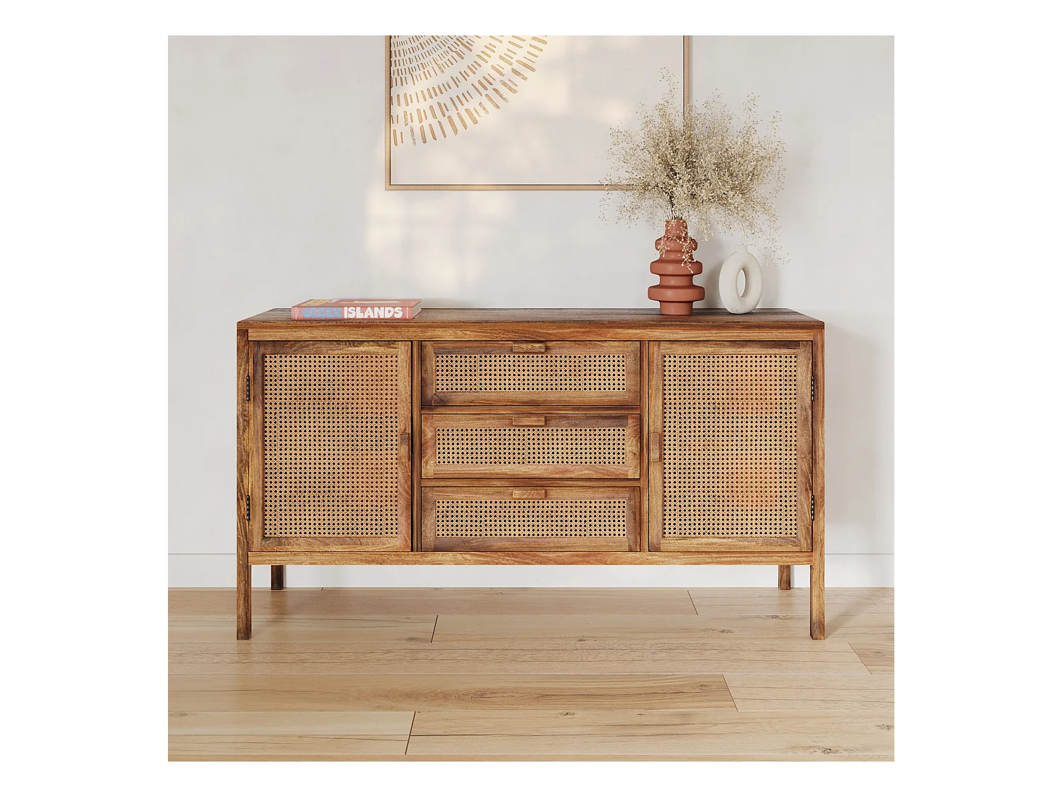 Aparador de madera y caña 2 puertas 3 cajones - Tiki