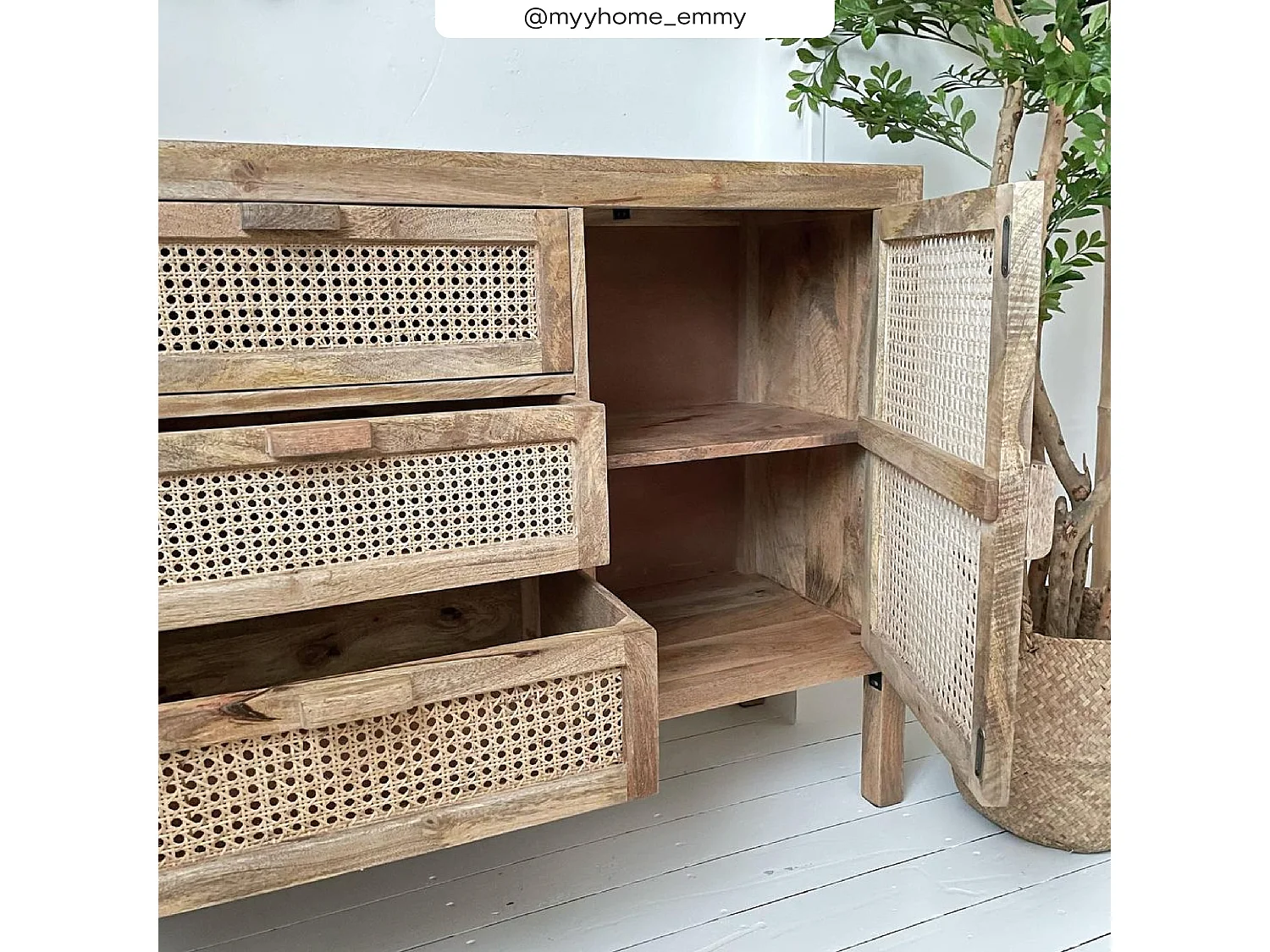 Buffet en cannage et bois 2 portes 3 tiroirs - Tiki