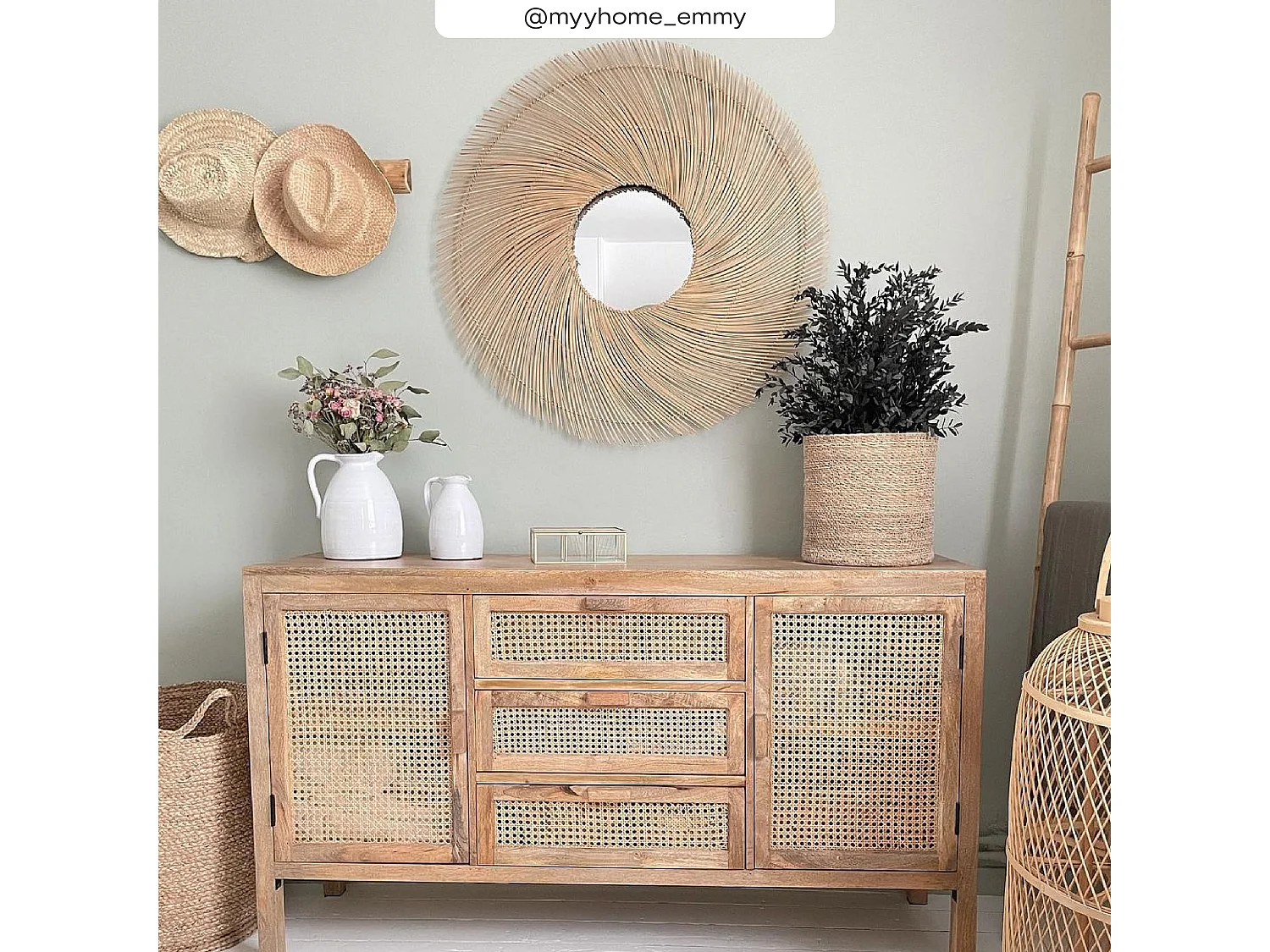 Buffet en cannage et bois 2 portes 3 tiroirs - Tiki