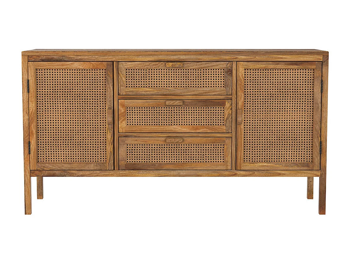 Buffet en cannage et bois 2 portes 3 tiroirs - Tiki