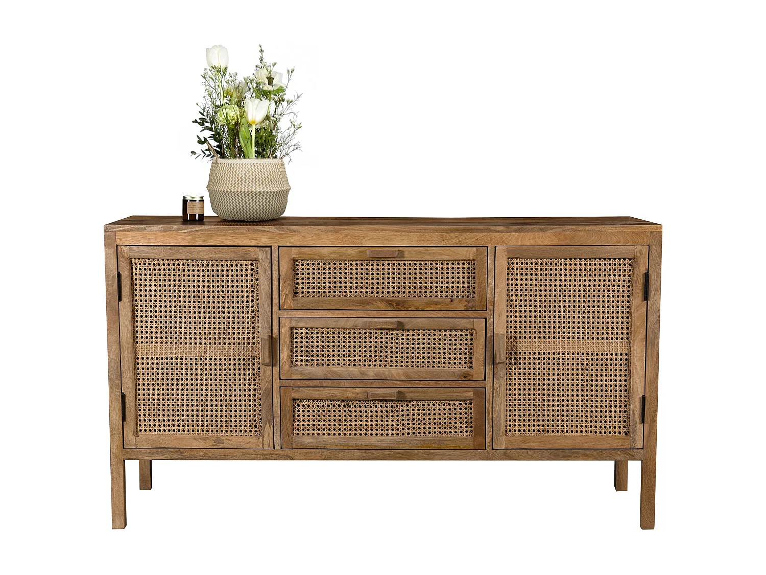 Buffet en cannage et bois 2 portes 3 tiroirs - Tiki