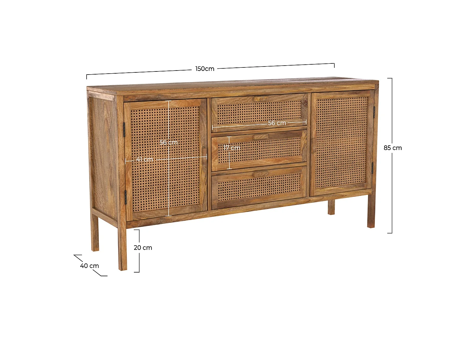 Buffet de madera de mango y caña 2 puertas 3 cajones - Tiki
