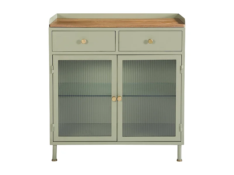 Buffet 2 portes 2 tiroirs en métal vert, manguier et verre - Marnie