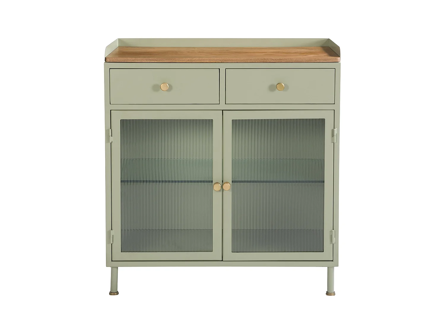 Credenza a 2 ante, 2 cassetti in metallo verde, legno di mango e vetro - Marnie