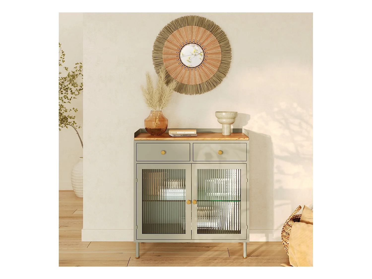 Credenza a 2 ante, 2 cassetti in metallo verde, legno di mango e vetro - Marnie