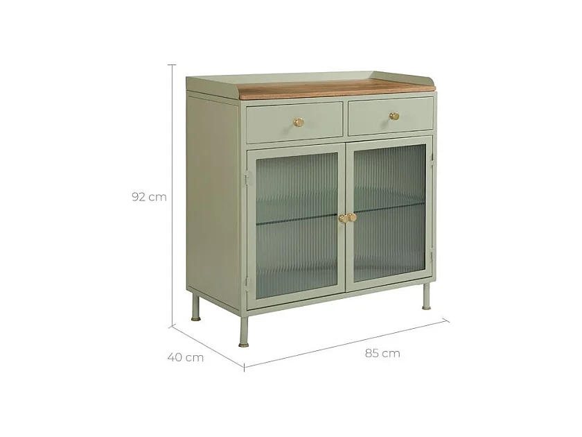 Credenza a 2 ante, 2 cassetti in metallo verde, legno di mango e vetro - Marnie