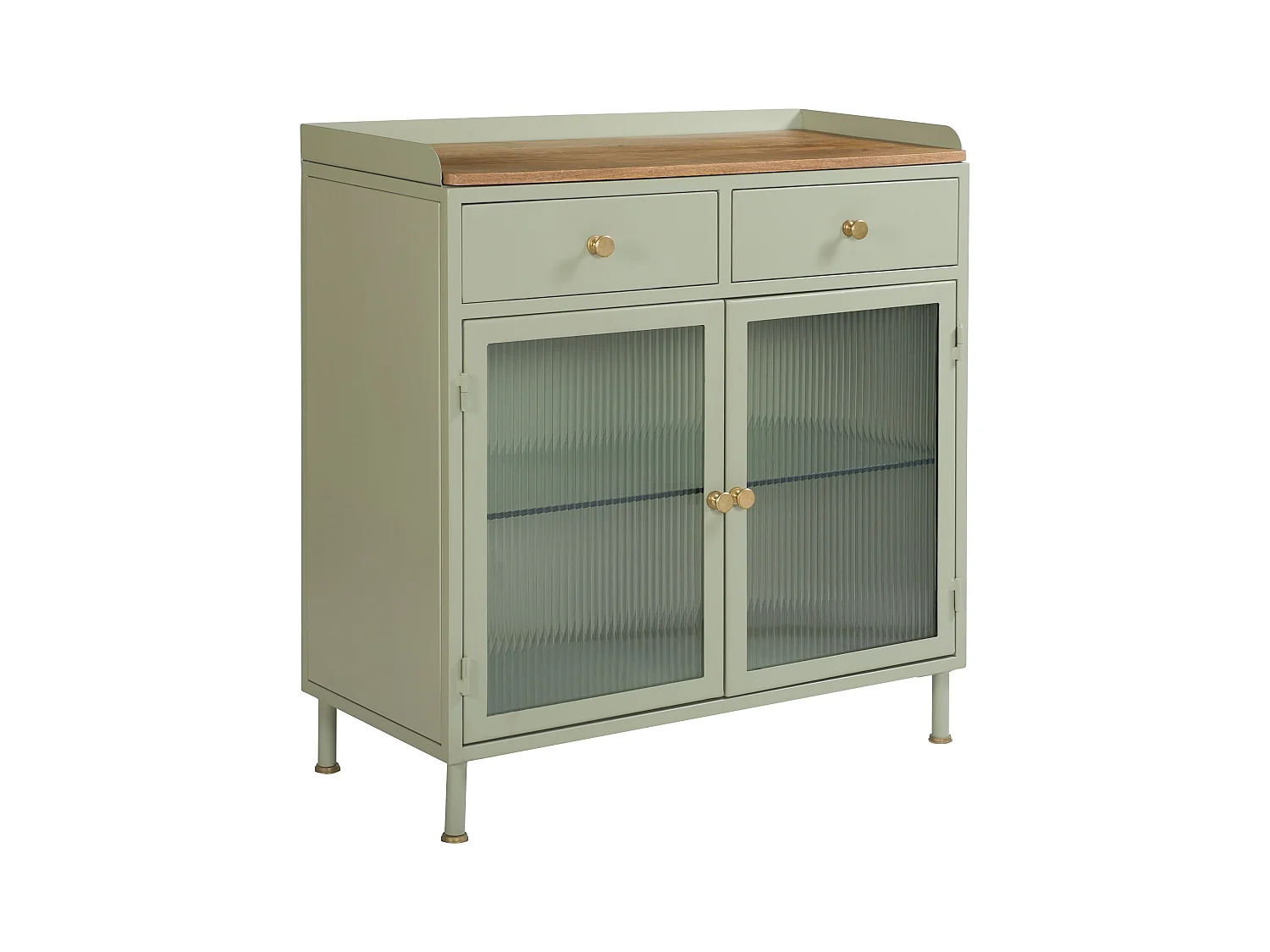 Credenza a 2 ante, 2 cassetti in metallo verde, legno di mango e vetro - Marnie