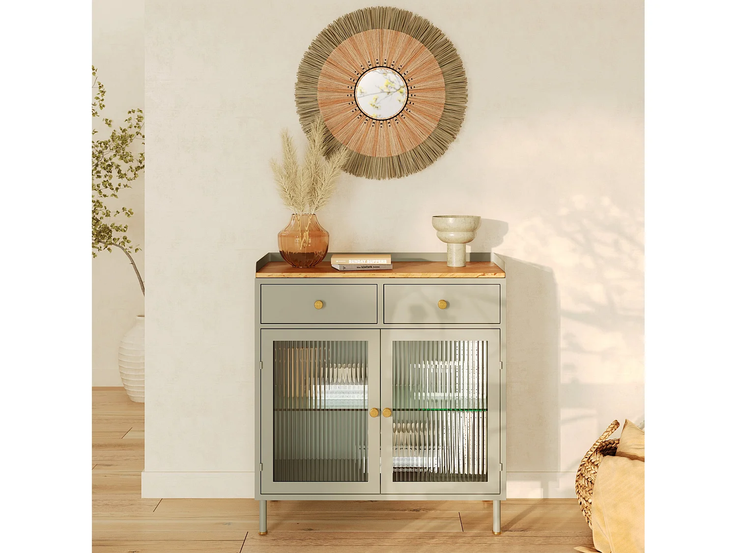 Aparador 2 puertas con 2 cajones en metal, madera de mango y cristal - Marnie