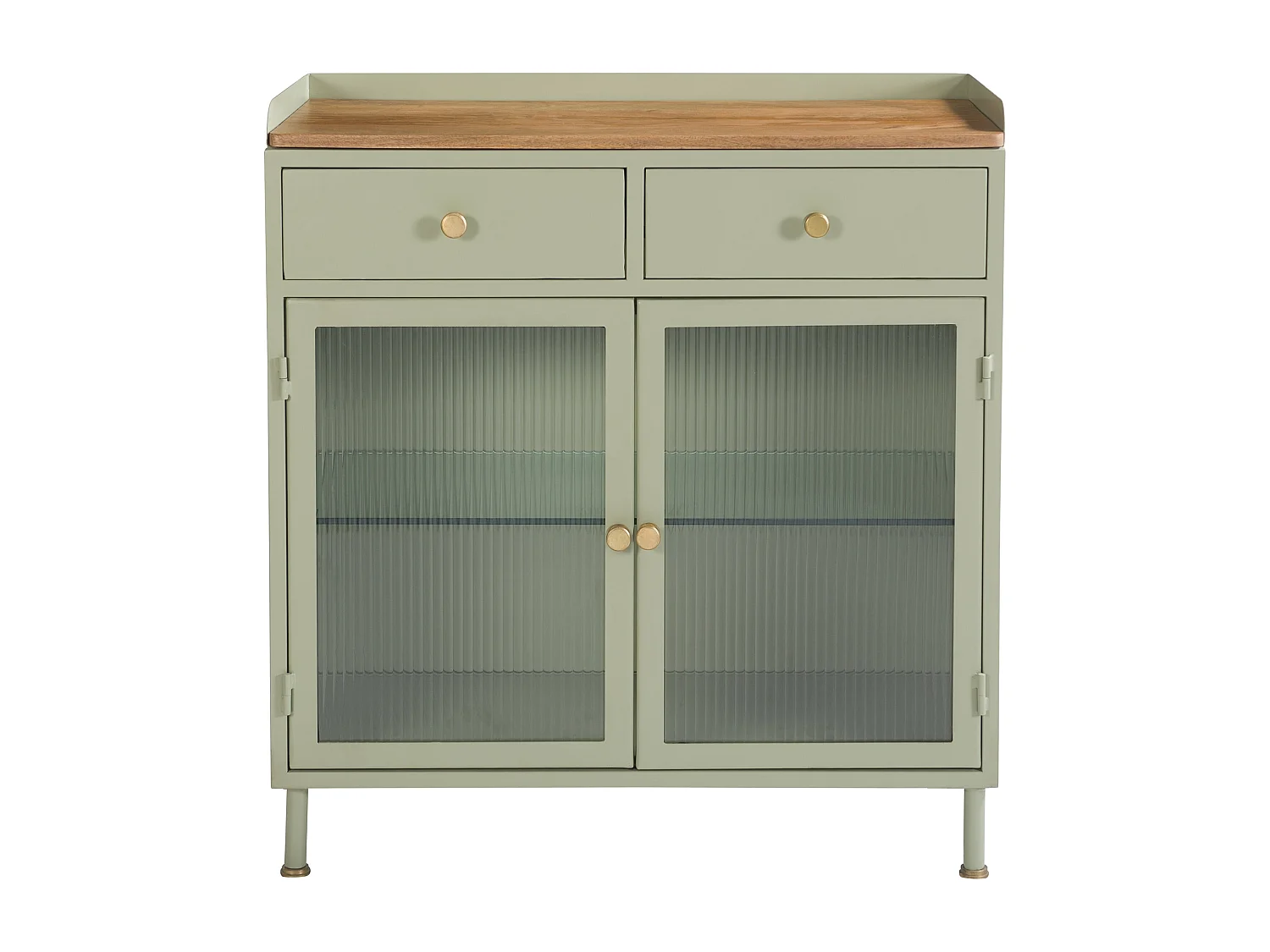 Buffet 2 portes 2 tiroirs en métal vert, manguier et verre - Marnie