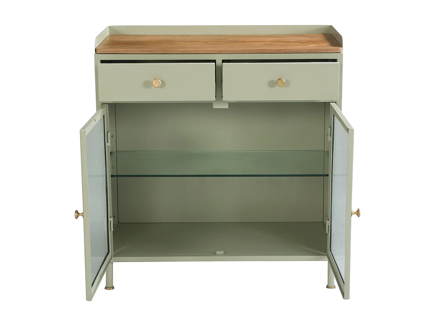Buffet 2 portes 2 tiroirs en métal vert, manguier et verre - Marnie
