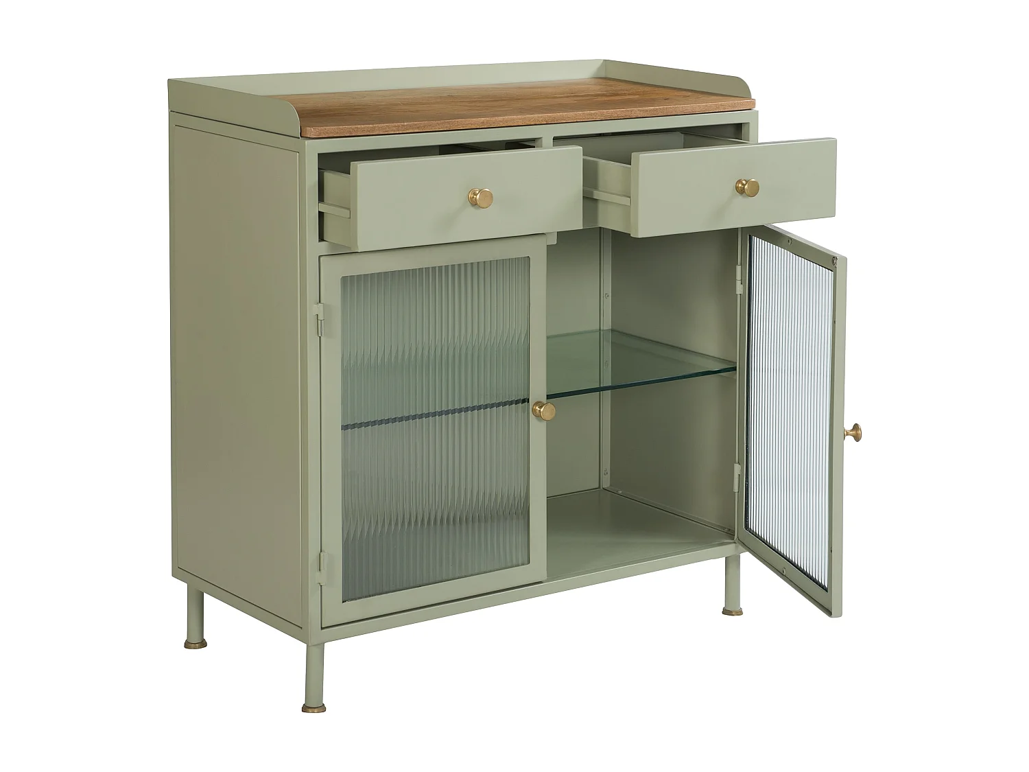 Buffet 2 portes 2 tiroirs en métal vert, manguier et verre - Marnie