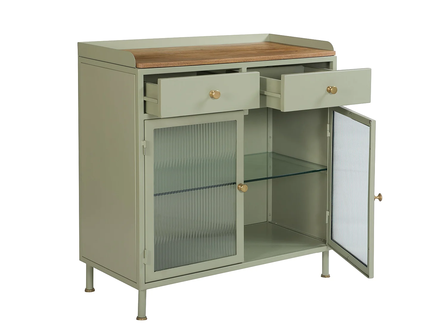 Aparador 2 puertas con 2 cajones en metal, madera de mango y cristal - Marnie