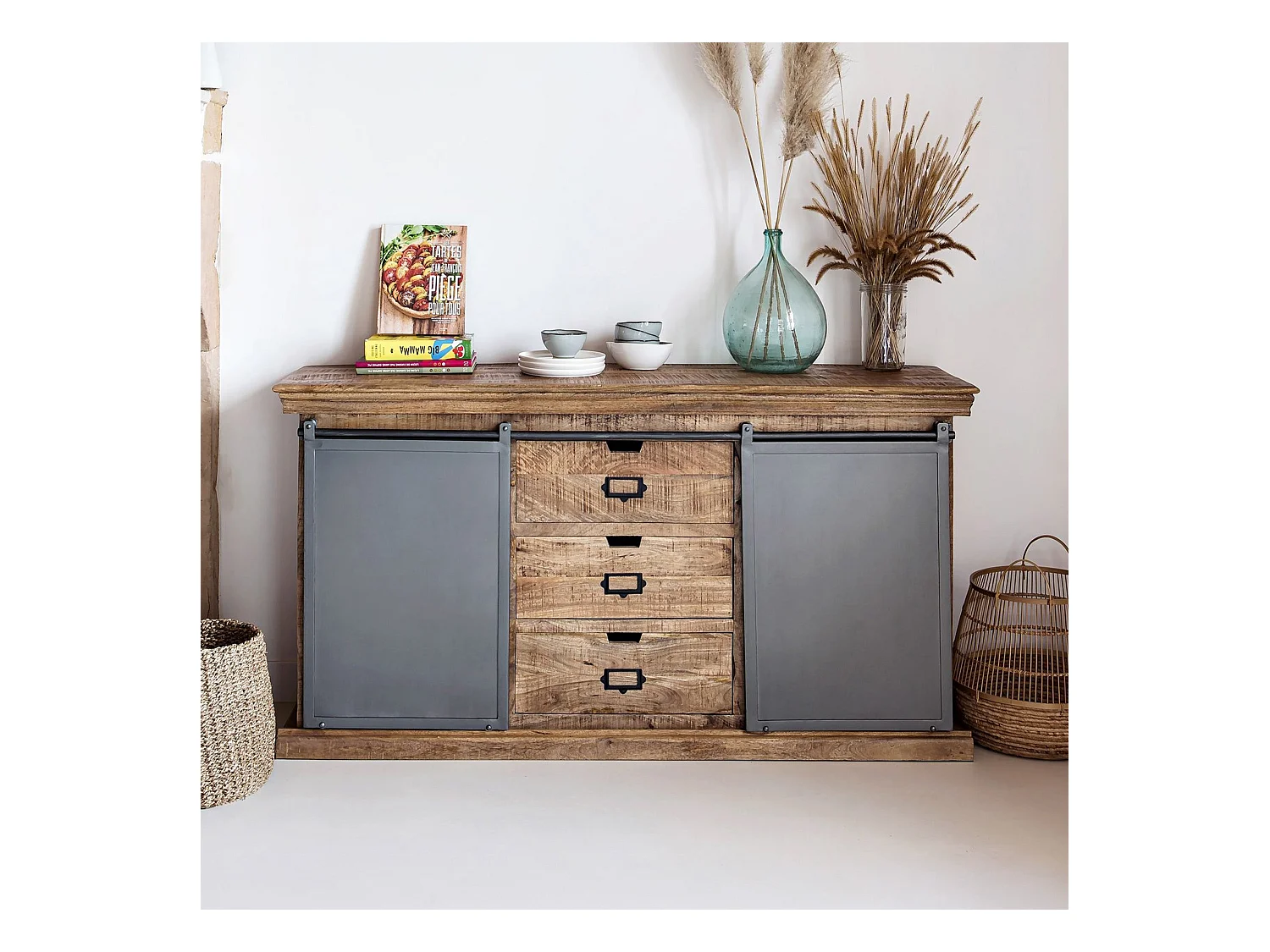 Aparador de madera 3 cajones 2 puertas metálicas correderas - Tabuk