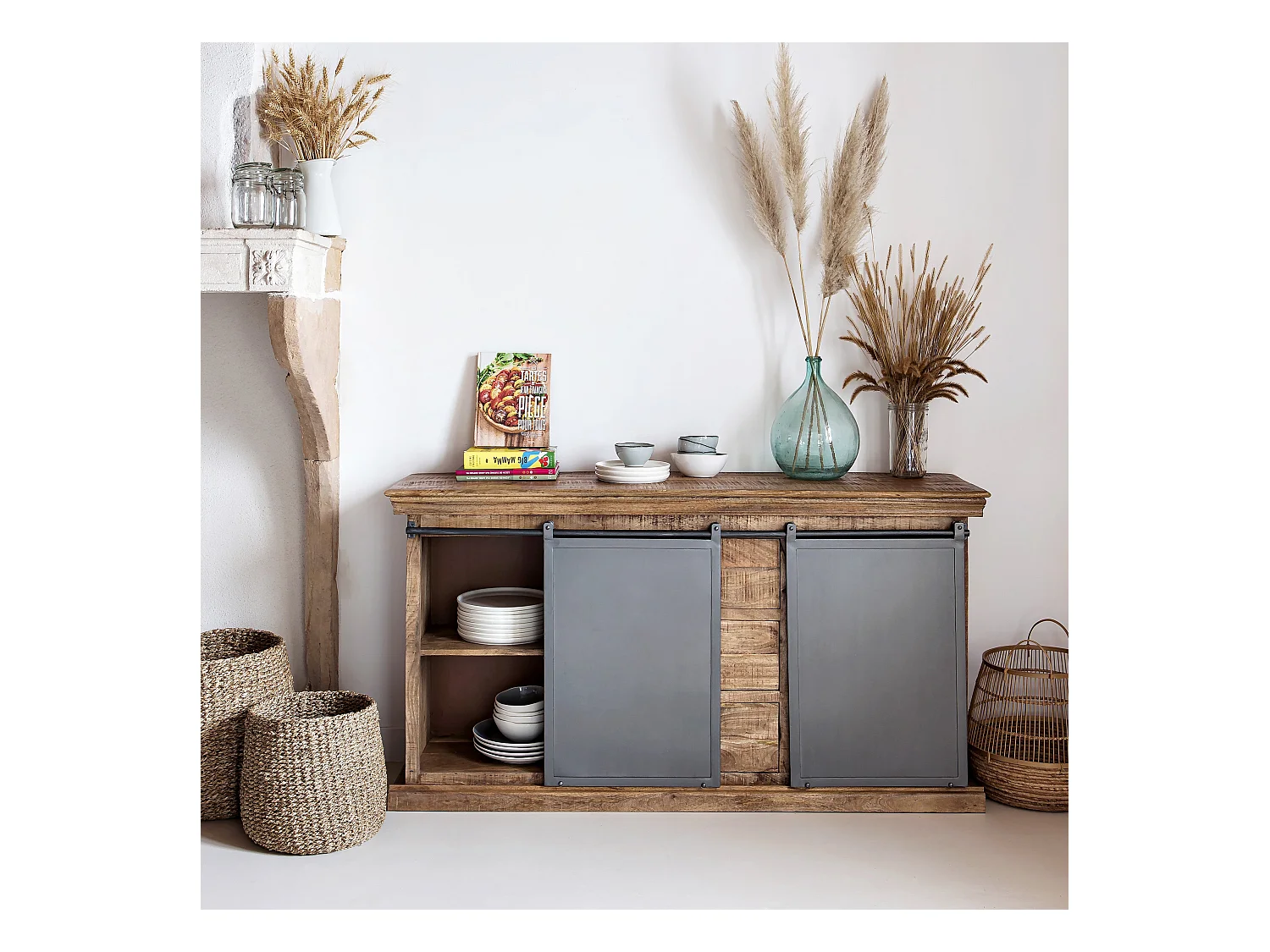 Aparador de madera 3 cajones 2 puertas metálicas correderas - Tabuk