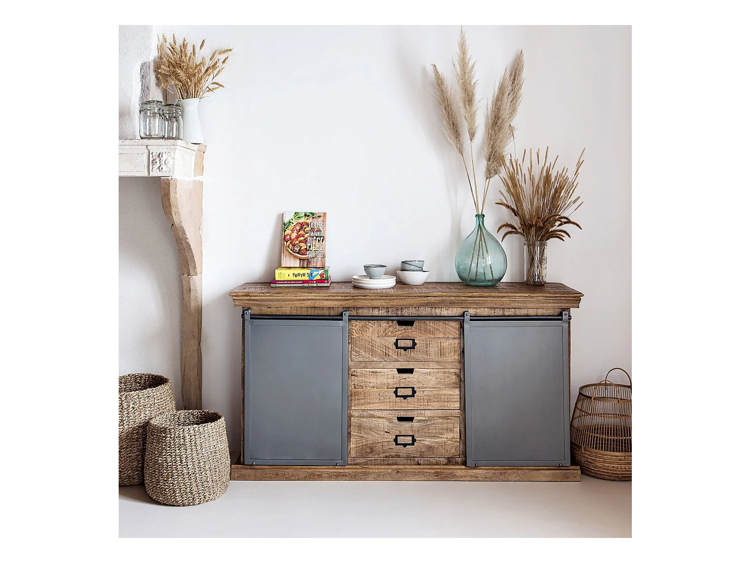 Aparador de madera 3 cajones 2 puertas metálicas correderas - Tabuk