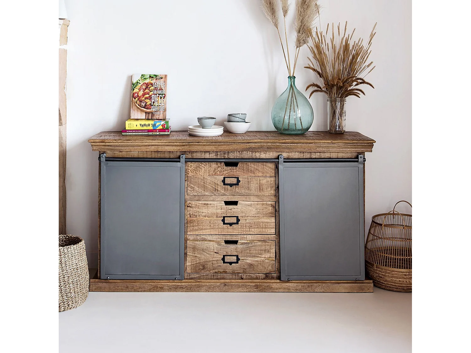 Buffet en bois 3 tiroirs 2 portes coulissantes en métal - Tabuk