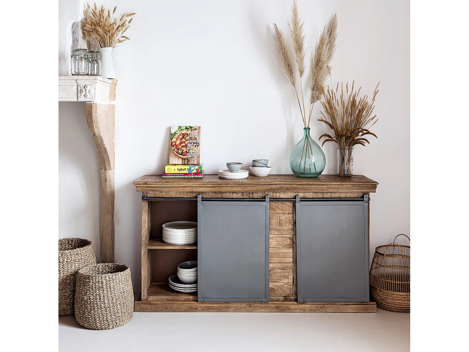 Buffet en bois 3 tiroirs 2 portes coulissantes en métal - Tabuk