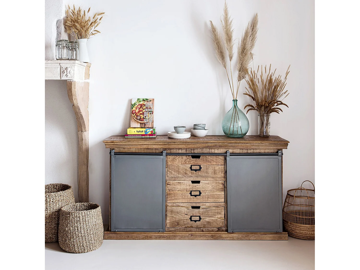 Buffet en bois 3 tiroirs 2 portes coulissantes en métal - Tabuk