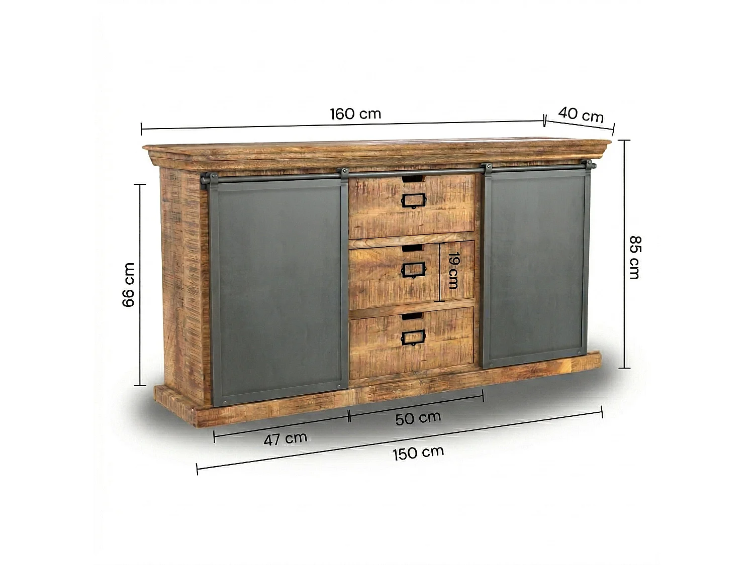 Buffet en bois 3 tiroirs 2 portes coulissantes en métal - Tabuk