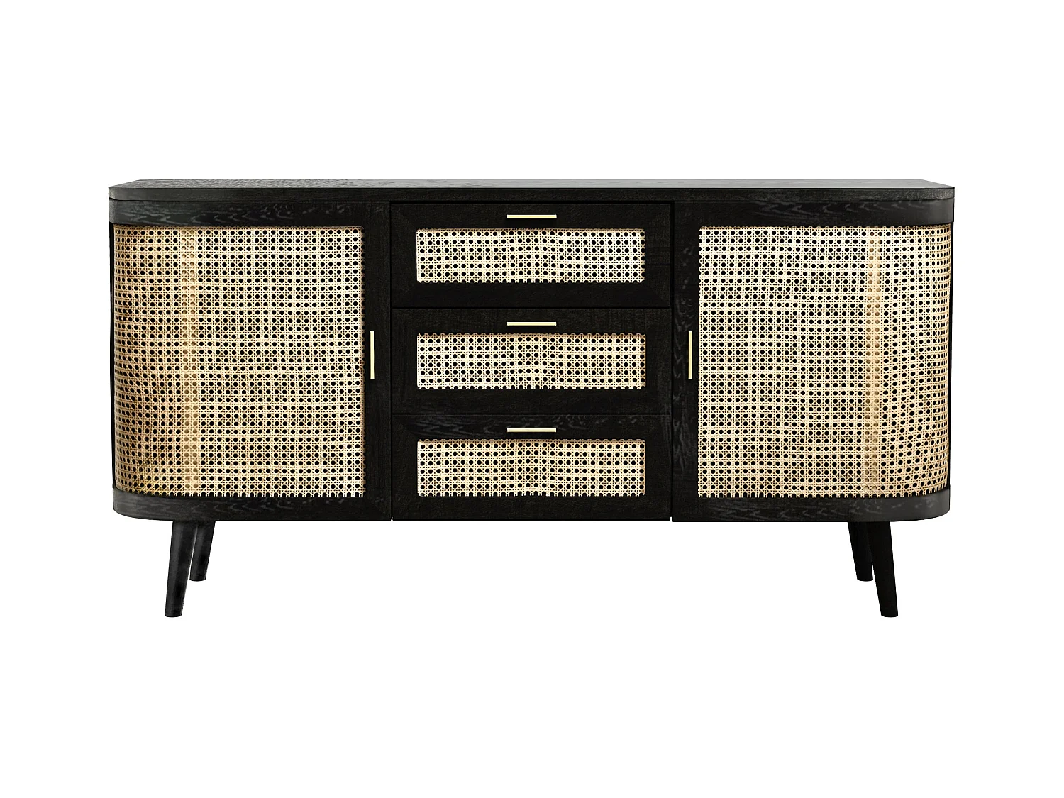 Buffet noir 2 portes 3 tiroirs en bois de manguier et cannage - Wendy