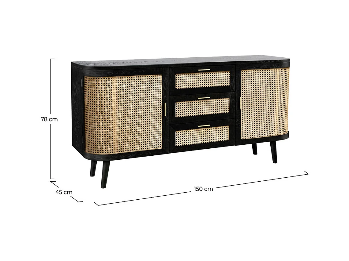 Buffet noir 2 portes 3 tiroirs en bois de manguier et cannage - Wendy