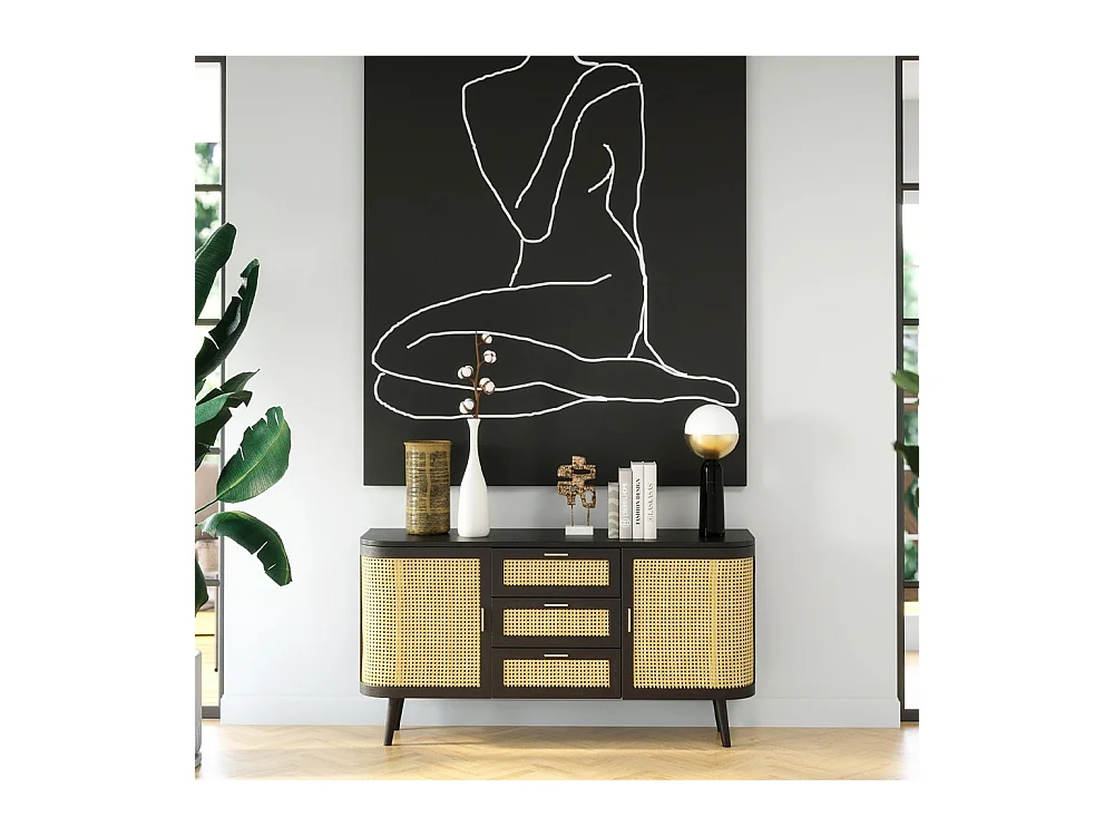 Buffet noir 2 portes 3 tiroirs en bois de manguier et cannage - Wendy