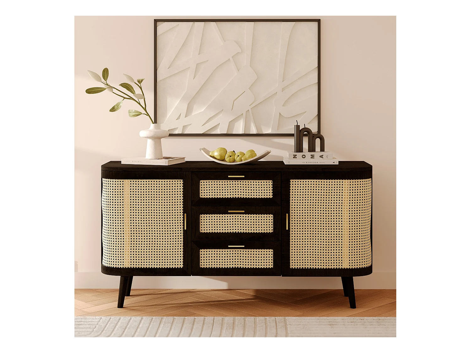 Buffet noir 2 portes 3 tiroirs en bois de manguier et cannage - Wendy