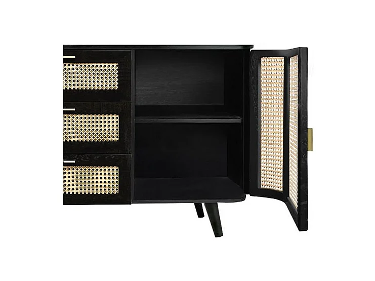 Buffet noir 2 portes 3 tiroirs en bois de manguier et cannage - Wendy