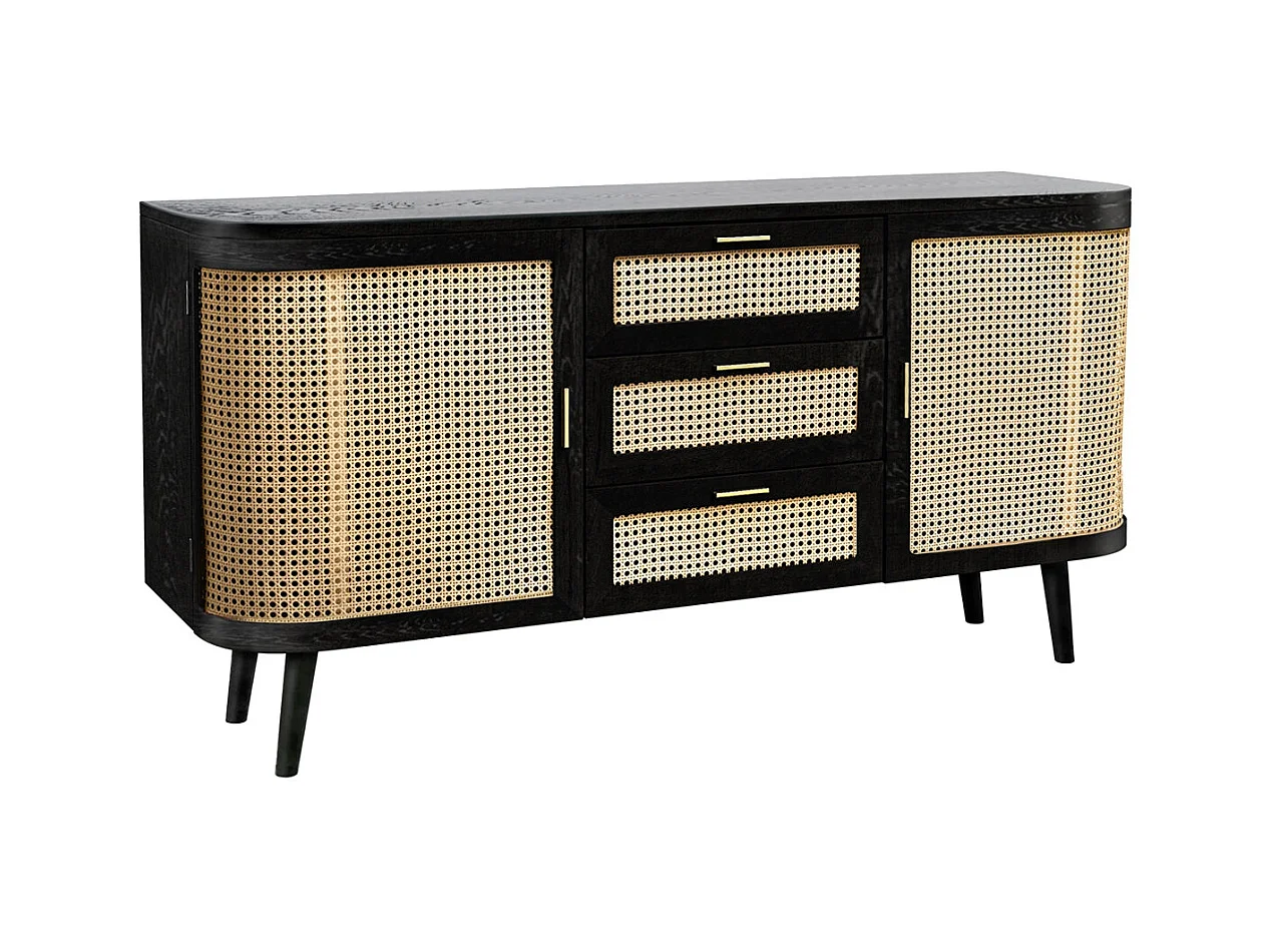 Buffet noir 2 portes 3 tiroirs en bois de manguier et cannage - Wendy