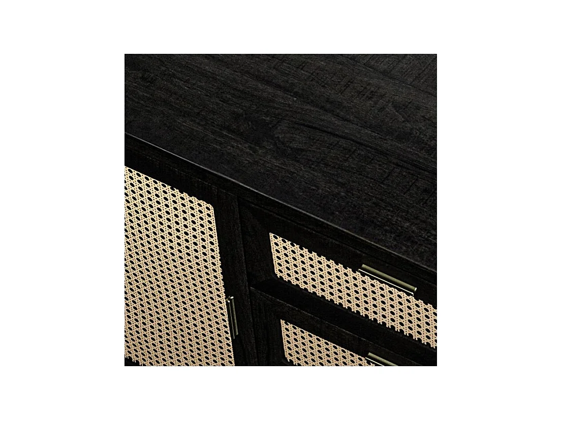 Buffet noir 2 portes 3 tiroirs en bois de manguier et cannage - Wendy