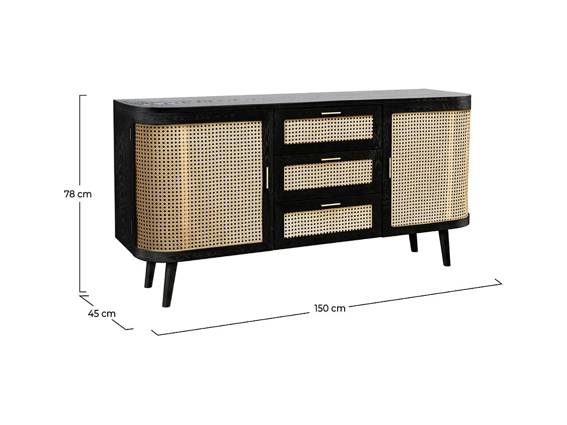 Buffet noir 2 portes 3 tiroirs en bois de manguier et cannage - Wendy