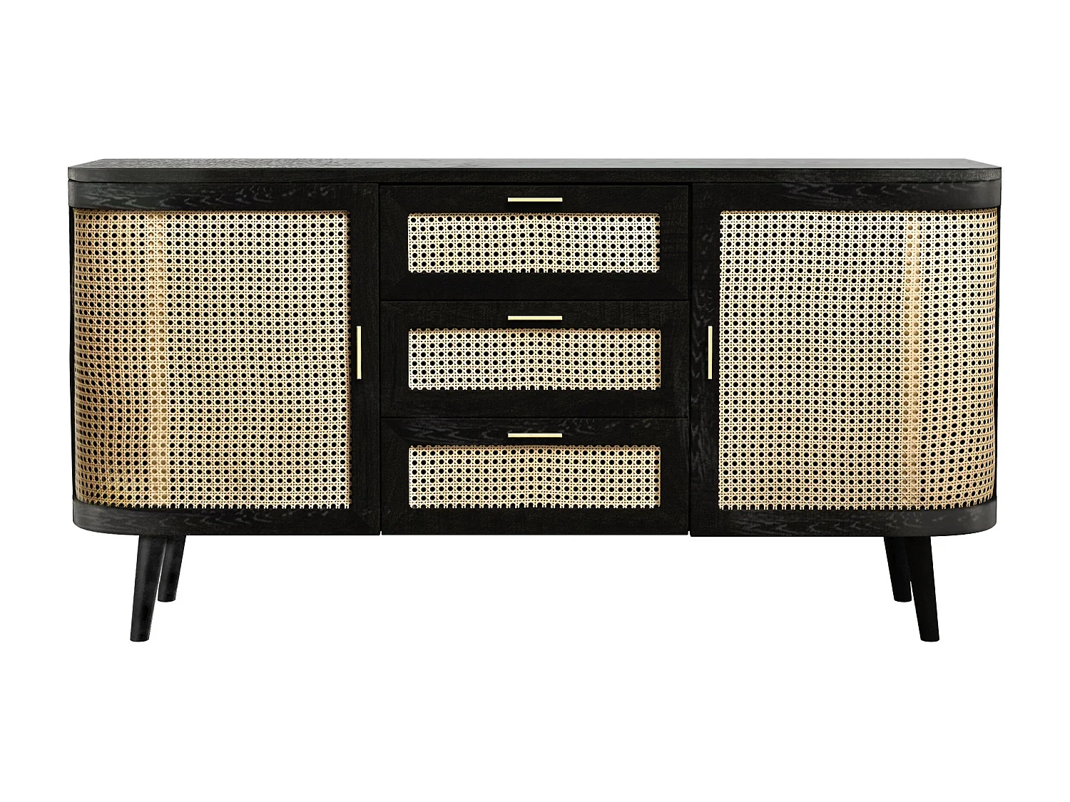 Buffet noir 2 portes 3 tiroirs en bois de manguier et cannage - Wendy