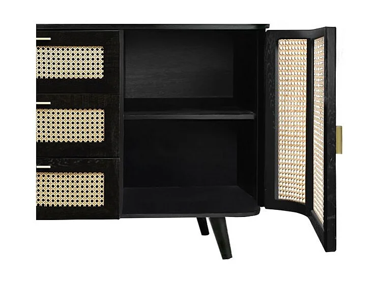 Buffet noir 2 portes 3 tiroirs en bois de manguier et cannage - Wendy
