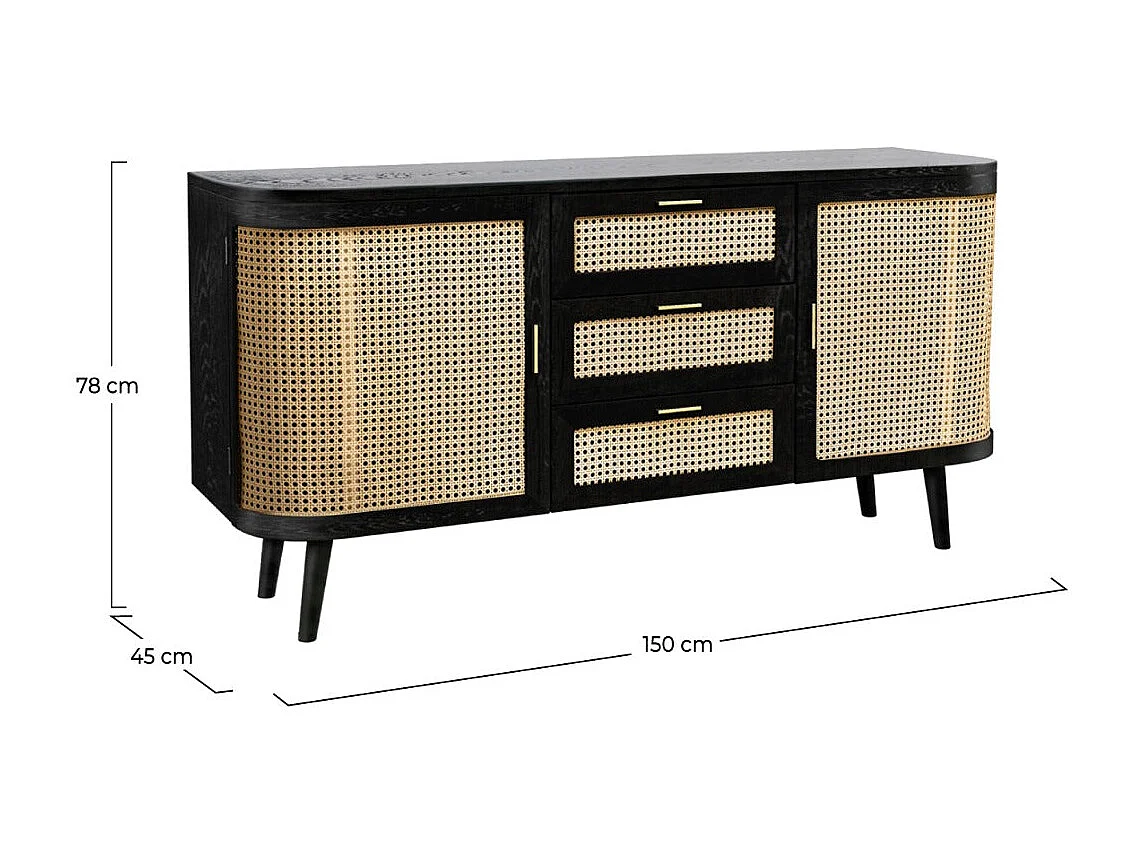 Buffet noir 2 portes 3 tiroirs en bois de manguier et cannage - Wendy