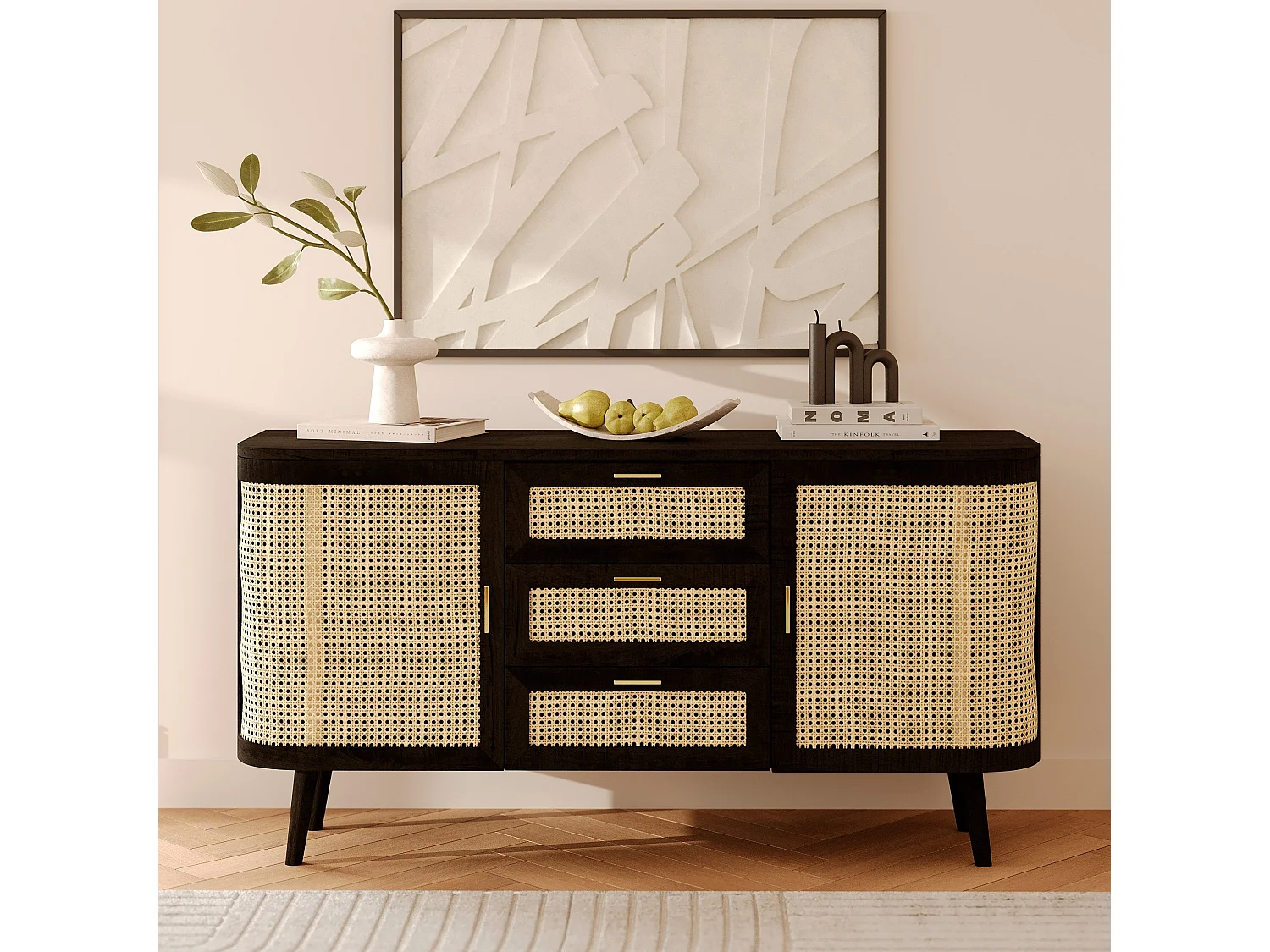 Buffet noir 2 portes 3 tiroirs en bois de manguier et cannage - Wendy