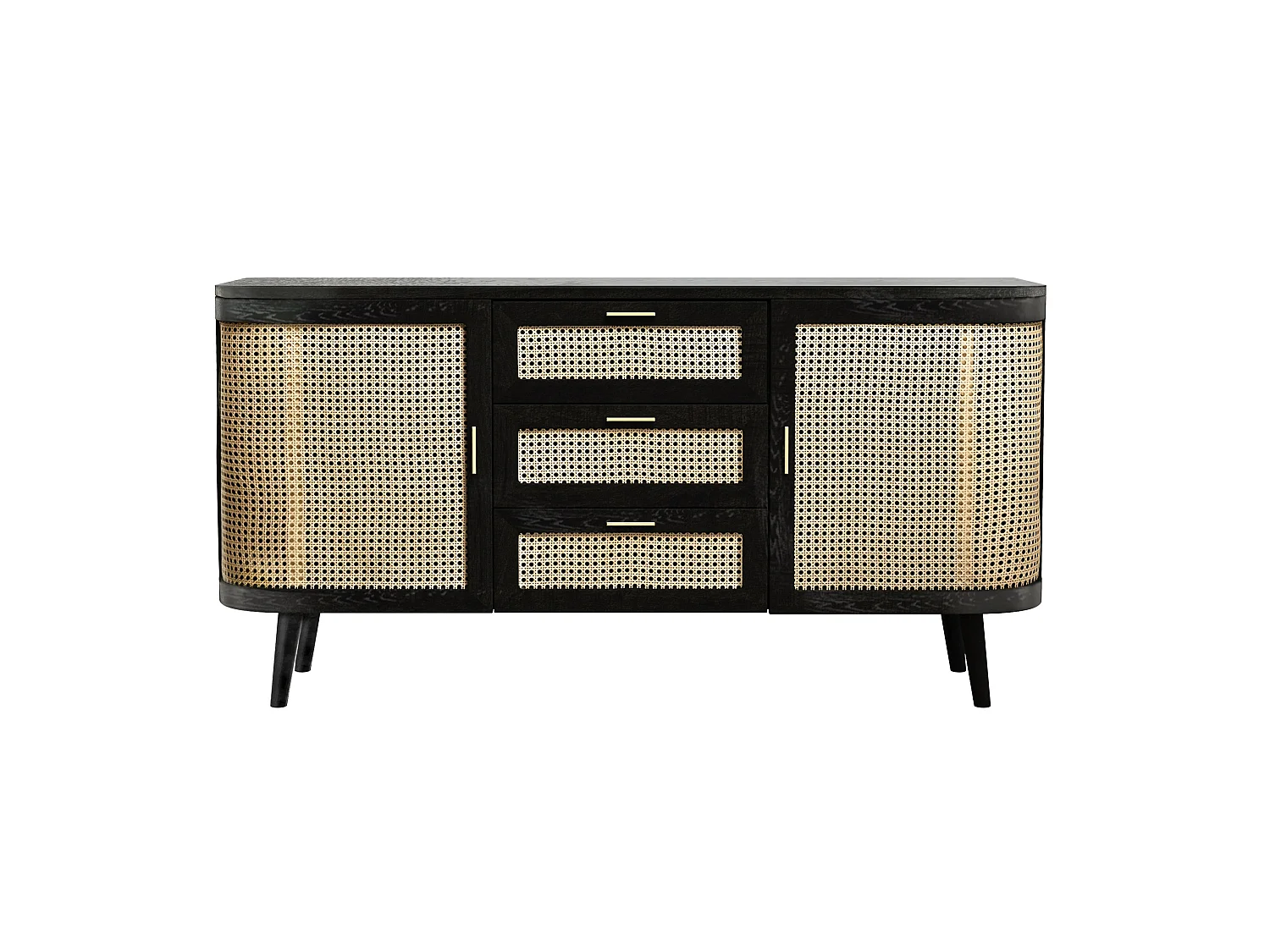 Buffet nero 2 porte 3 cassetti in legno di mango e impagliatura - Wendy