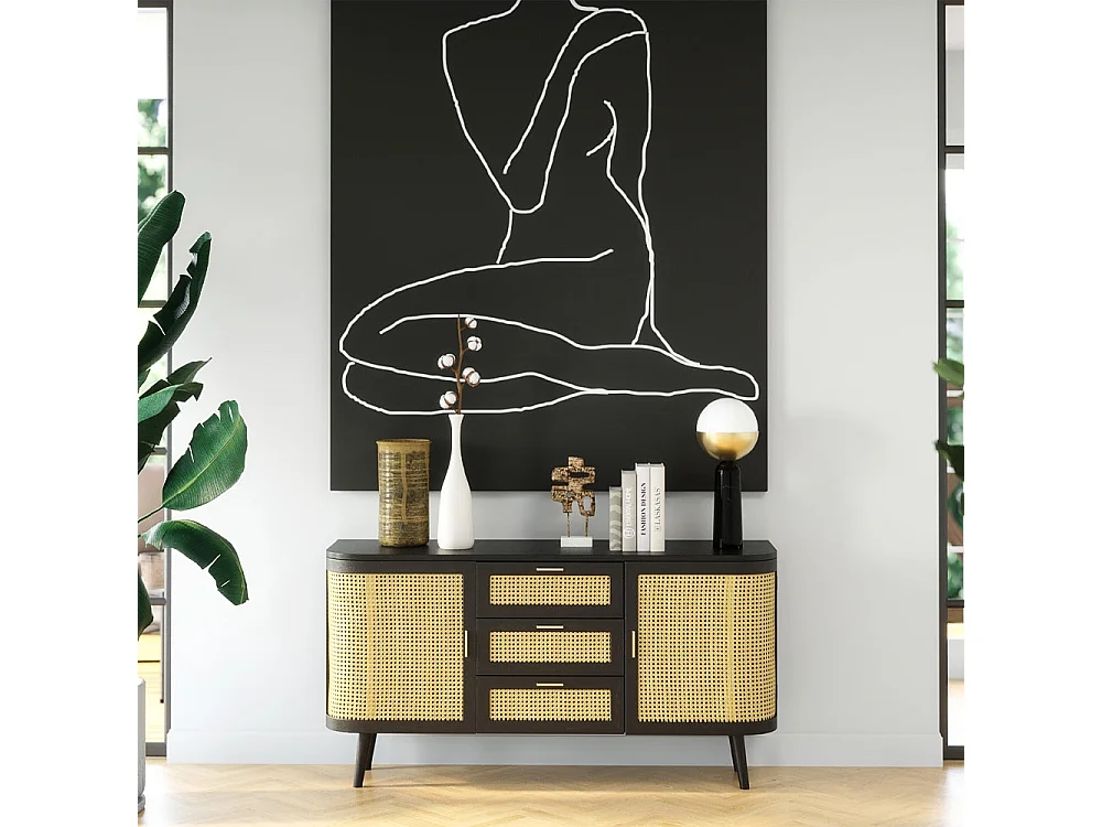 Buffet nero 2 porte 3 cassetti in legno di mango e impagliatura - Wendy