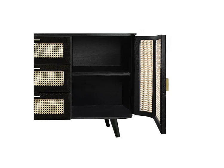 Buffet nero 2 porte 3 cassetti in legno di mango e impagliatura - Wendy