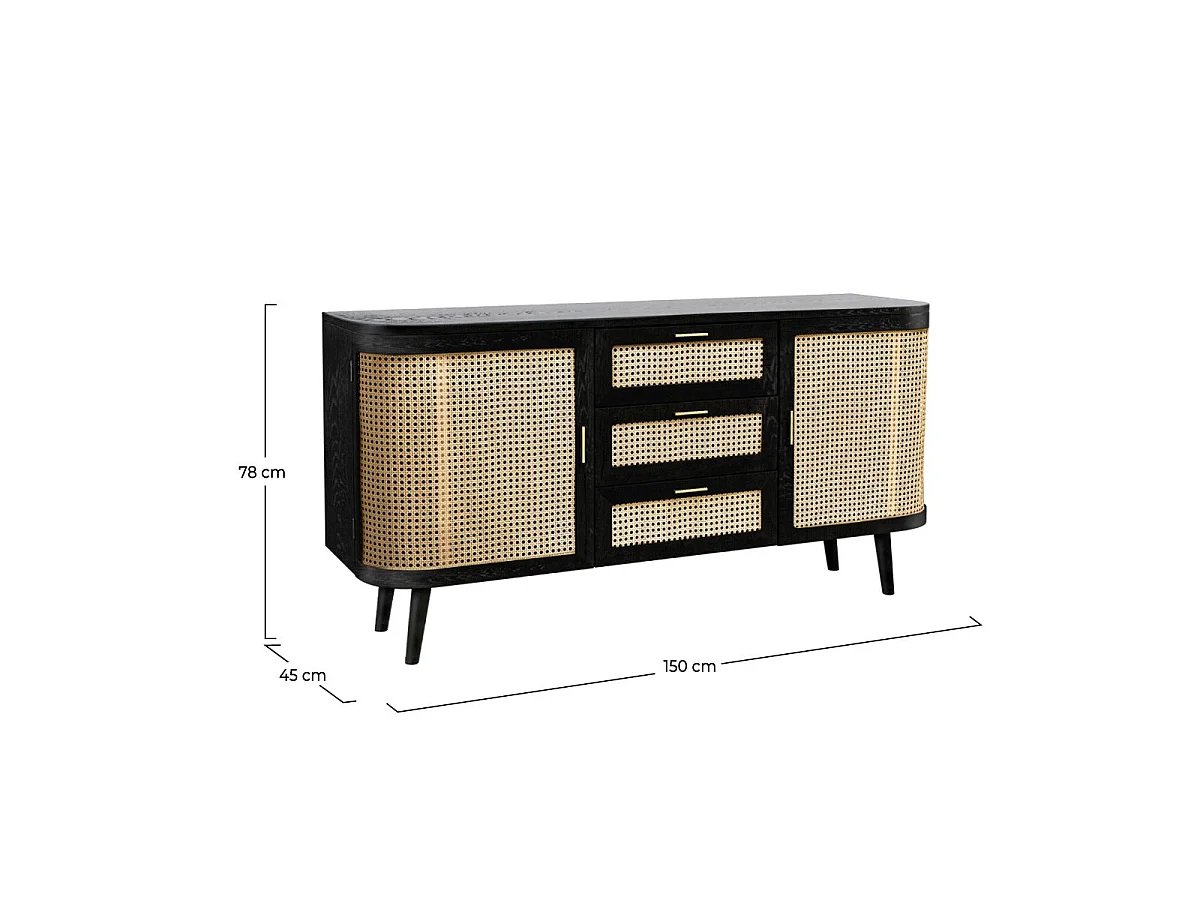 Buffet nero 2 porte 3 cassetti in legno di mango e impagliatura - Wendy