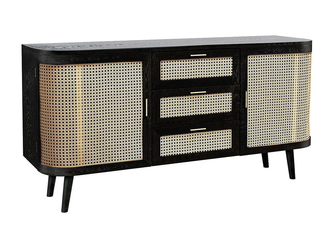 Buffet nero 2 porte 3 cassetti in legno di mango e impagliatura - Wendy