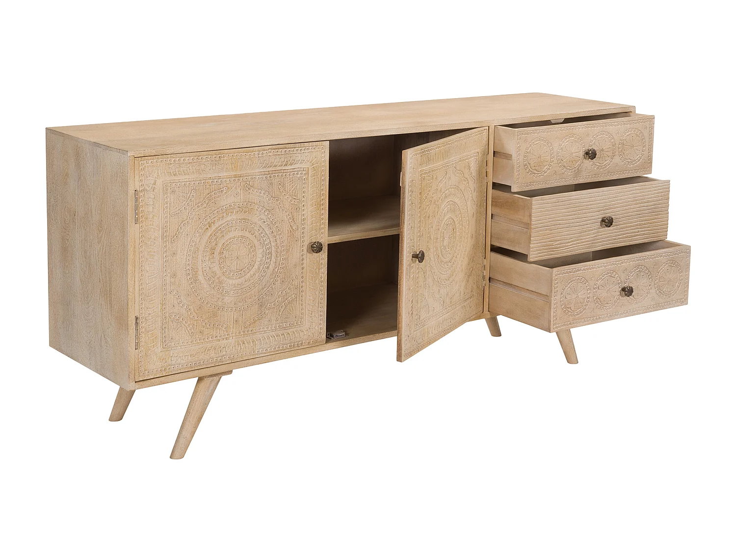 Buffet en bois gravé 2 portes 3 tiroirs - Tiya