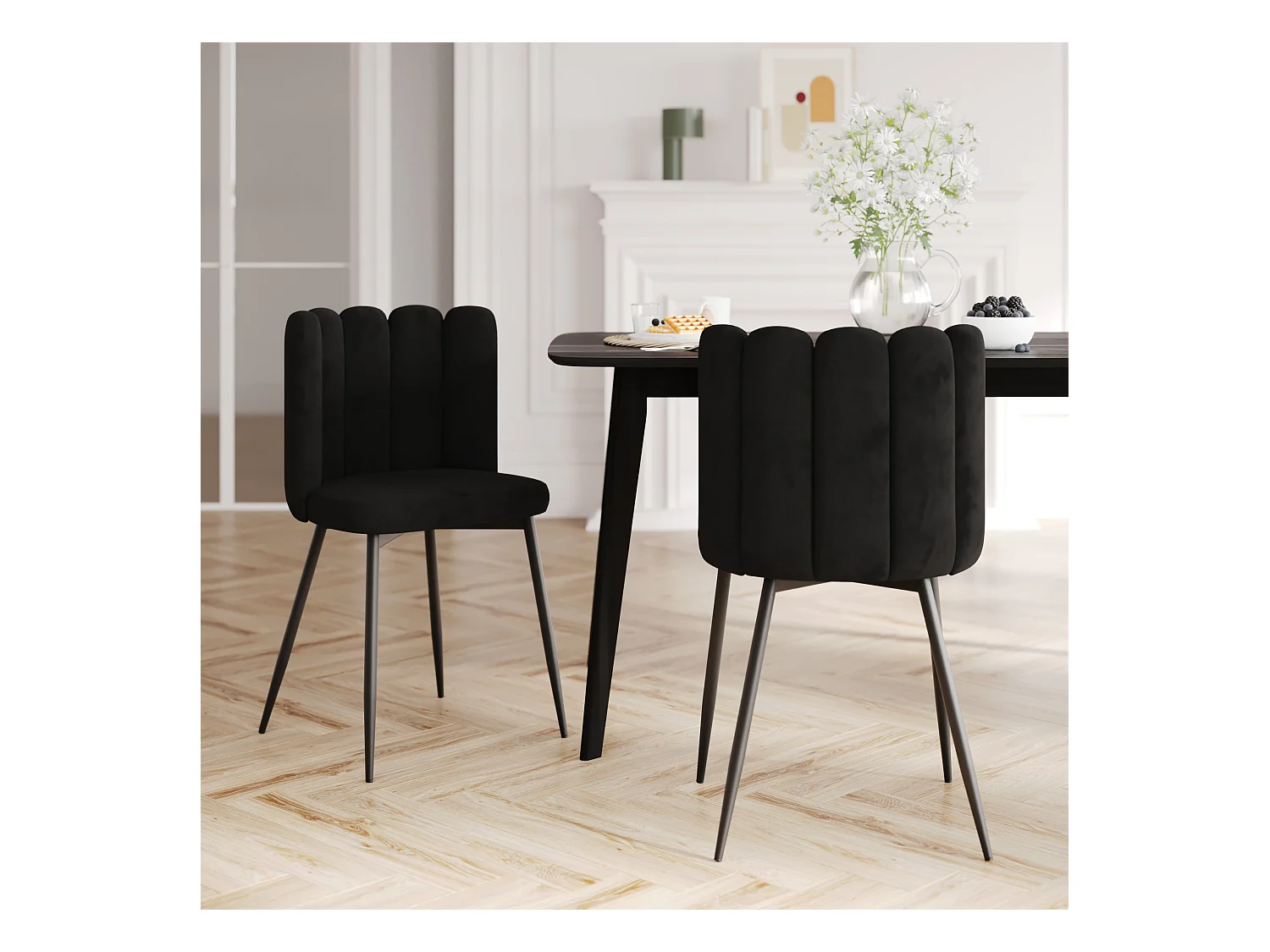Set de 2 sillas de terciopelo negro con patas de metal negro - Rosy