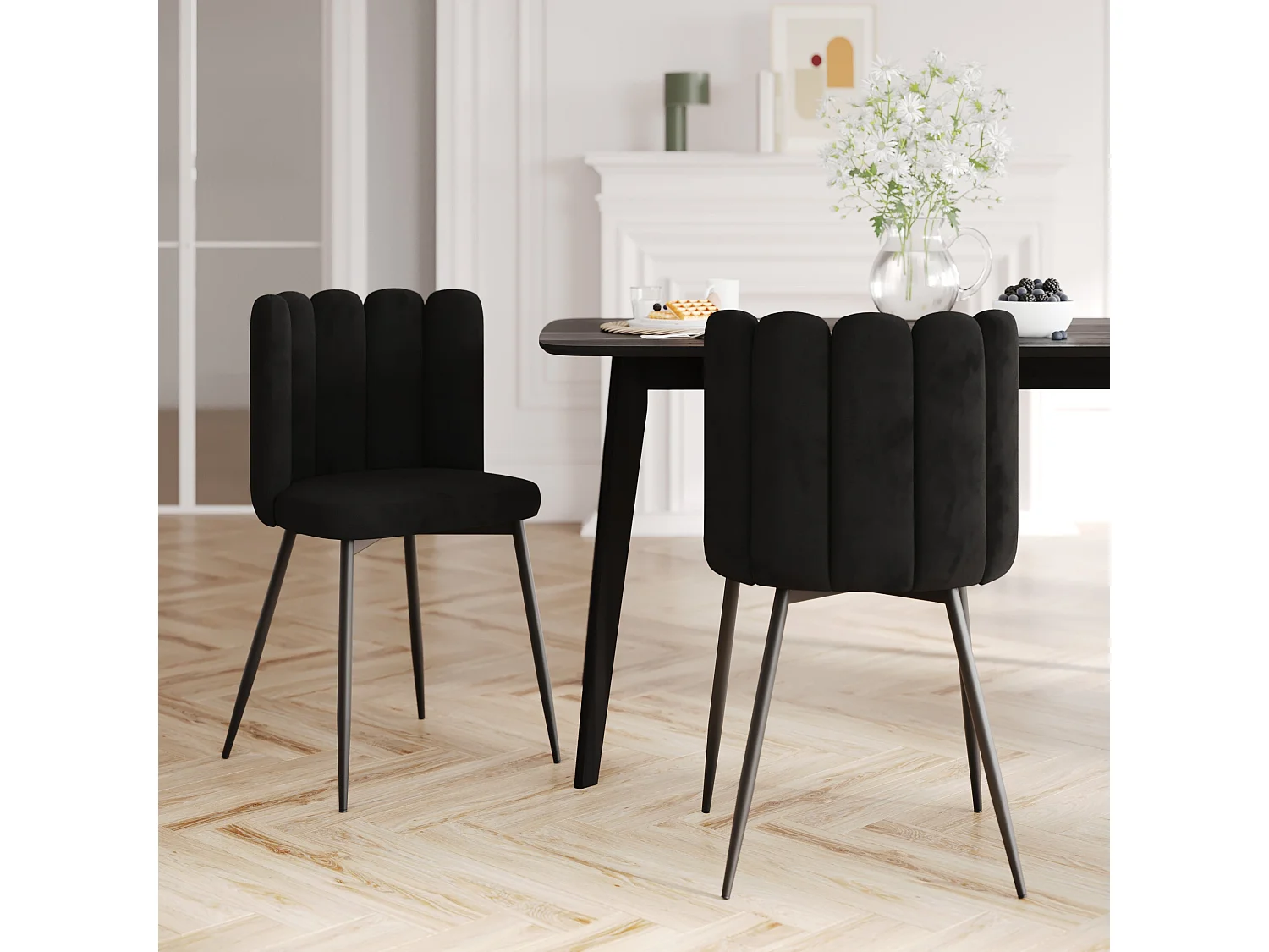 Set de 2 sillas de terciopelo negro con patas de metal negro - Rosy