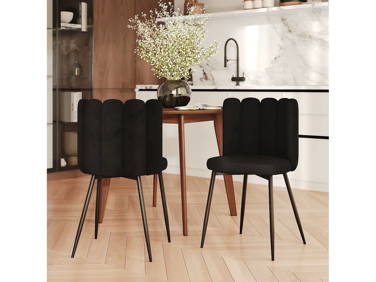 Set de 2 sillas de terciopelo negro con patas de metal negro - Rosy