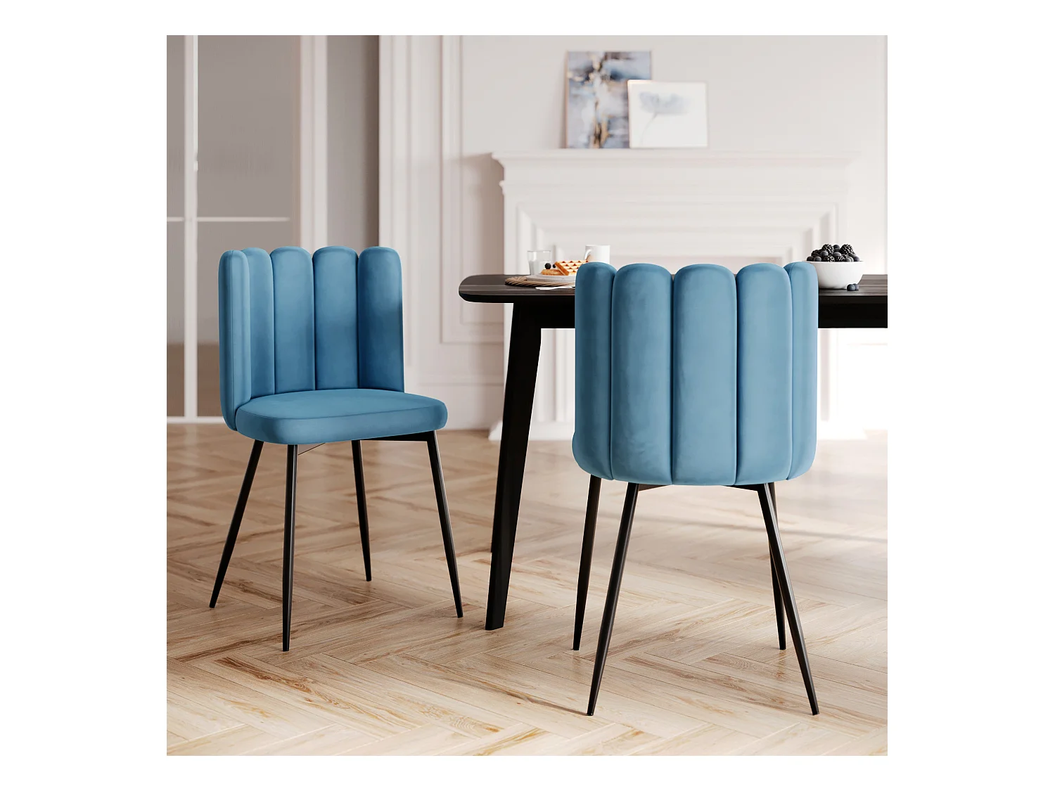 Set di 2 sedie in velluto blu con gambe in metallo nero - Rosy