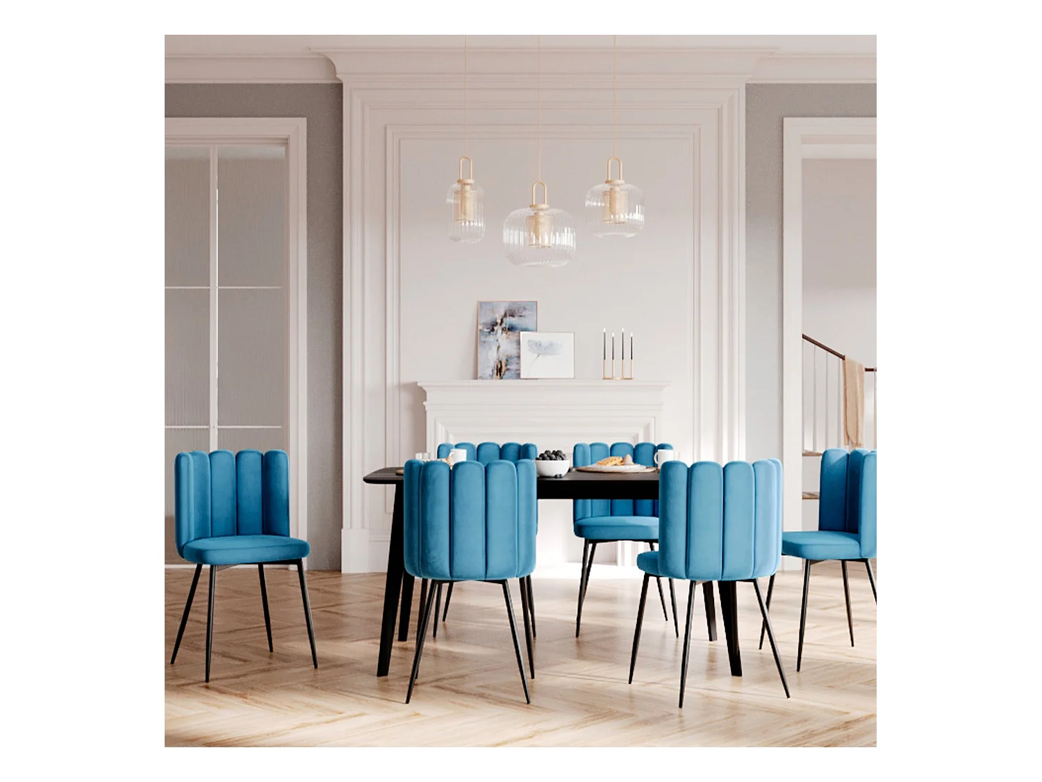 Set di 2 sedie in velluto blu con gambe in metallo nero - Rosy