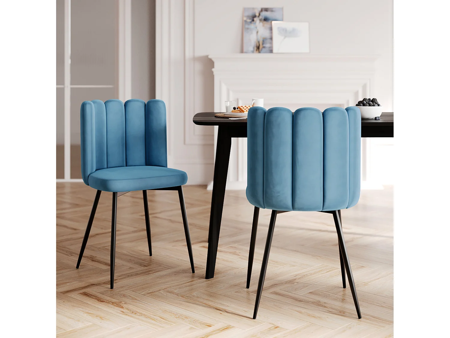 Set de 2 sillas de terciopelo azul con patas de metal negro - Rosy